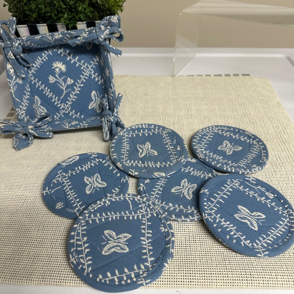 Pierre Deux Blue White Quilted 100% Coton Coasters 6 pc with Tray Vintage — Rare
